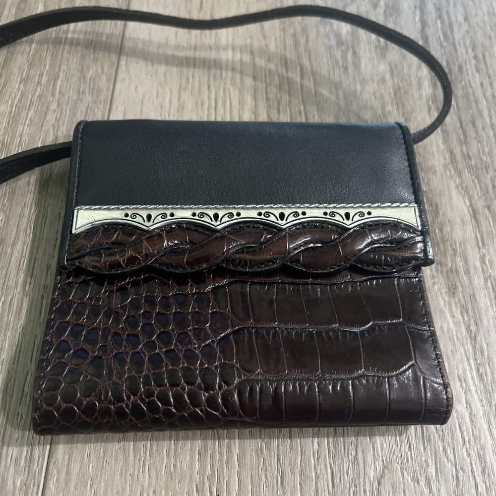 Brighton Cross Body Wallet Brown Croc Leather Detachable Strap Silver Accents